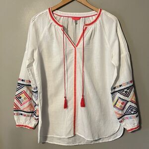 Joules Linen Cotton Blend Embroidered Yolanda Tunic Size 8 Tassels